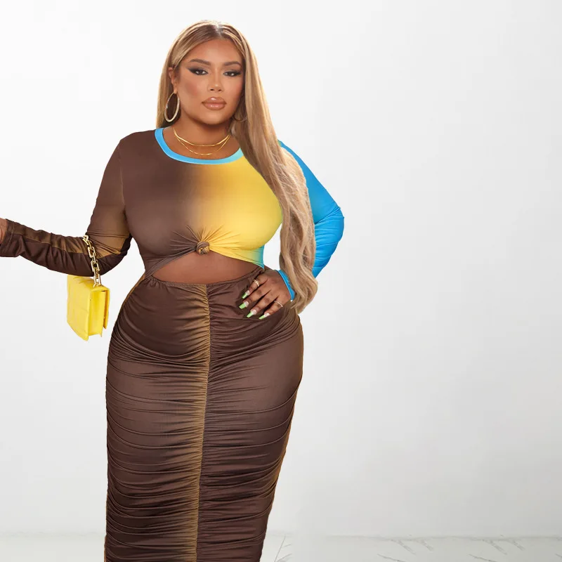 Plus Size Sets Short Top Gradual O-NECK Ruffle Fashion Tight Ankle Length Dress Two Piece Sets Womens Outifits Long sleeve Y2K