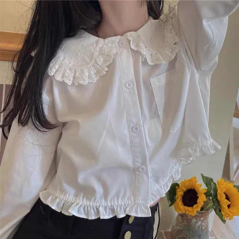 Белая рубашка HOUZHOU Kawaii Женская кружевная Лоскутная Блузка с оборками милые топы в