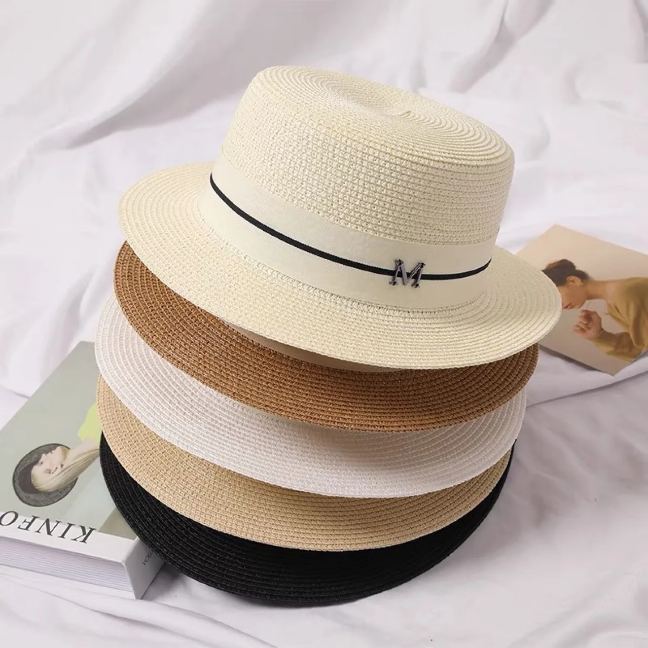 Ladies British Flat Top Hat Straw Hat Panama Wide Brimmed Jazz Hat Fashion Flat Brimmed Ladies Sun Hat Simple Flat Top Hat