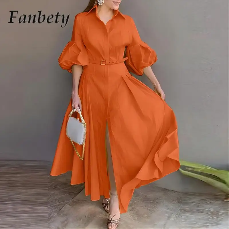 

Autumn Lady Solid Color Shirt Lace-Up Dress Women Single-Breasted Fishtail Dress Elegant Lapel Lantern Sleeve A-Line Long Dress