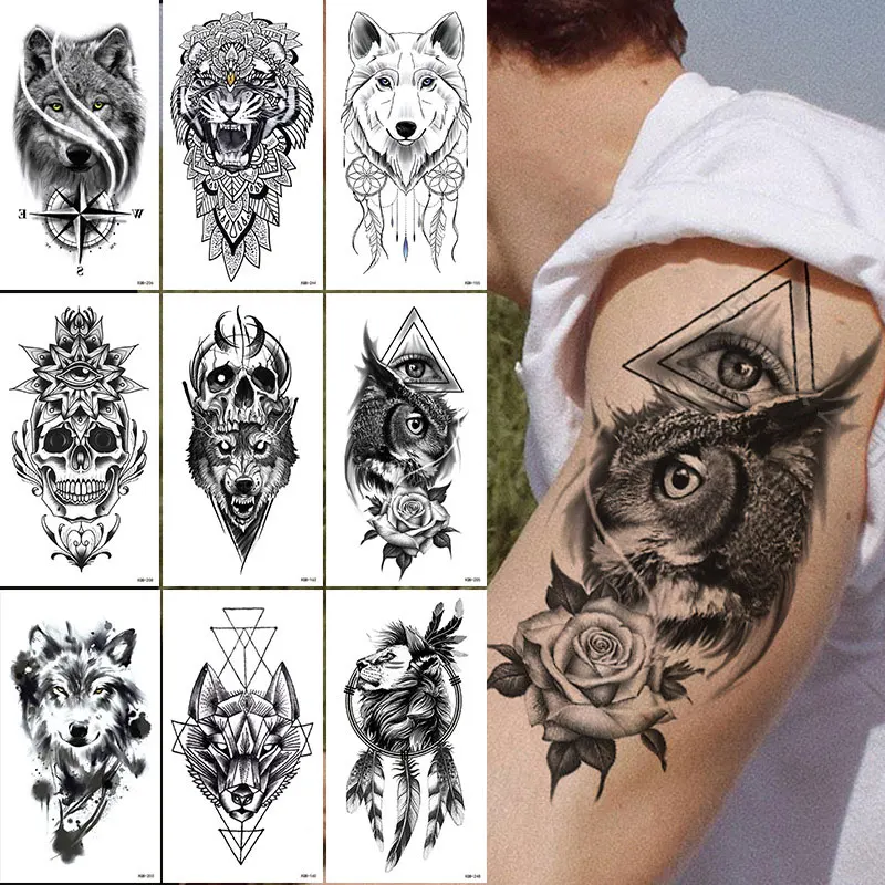 

Animal Tattoo Sticker for Men Women Children Dragon Wolf Death Skull Temporary Tattoo Fake Henna Skeleton King Tatoo Waterproof
