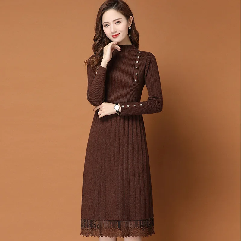 

Autumn Winter Knitwear Dress Female Mock Neck Over The Knee Match with Coat Lace Base Sweater Dress Female