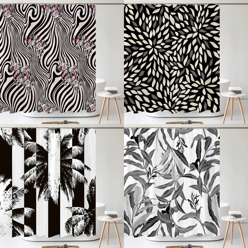 

Black and White Flowers Art Print Shower Curtain Waterproof Polyester Bath Curtains Plants Leaves Curtains For Bathroom Decor