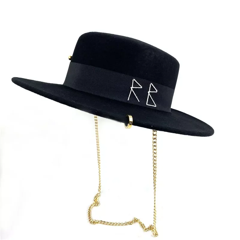 hat female autumn and winter retro embroidery letter golden chain fashion flat top hat fedora hat wild wool top hat