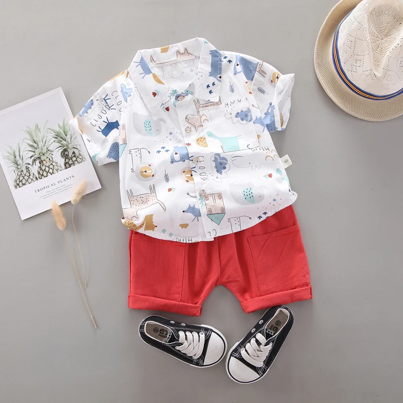 

QQH-детская одежда для мальчиков, летний костюм с шортами с коротким рукавом, рубашка с принтом, повседневные шорты, костюм из двух предметов