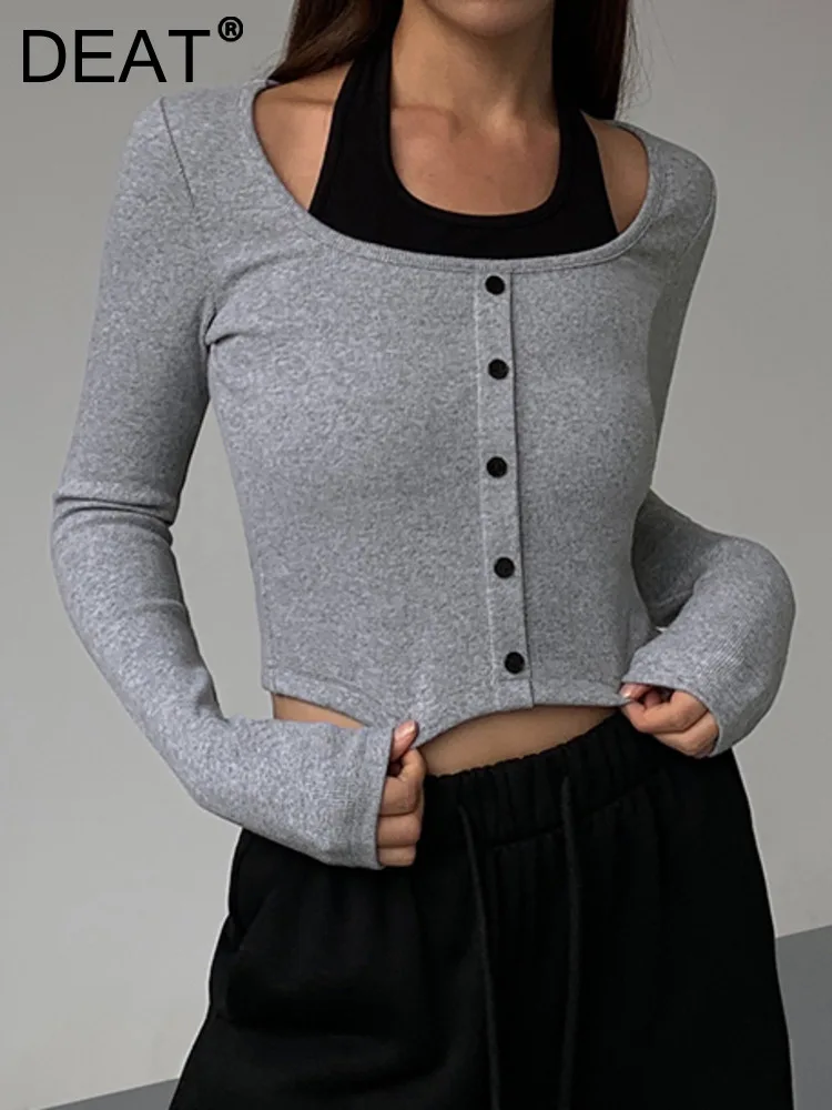 

Женский трикотажный пуловер DEAT, однотонный облегающий однобортный свитер с круглым вырезом и длинным рукавом, весна 2023