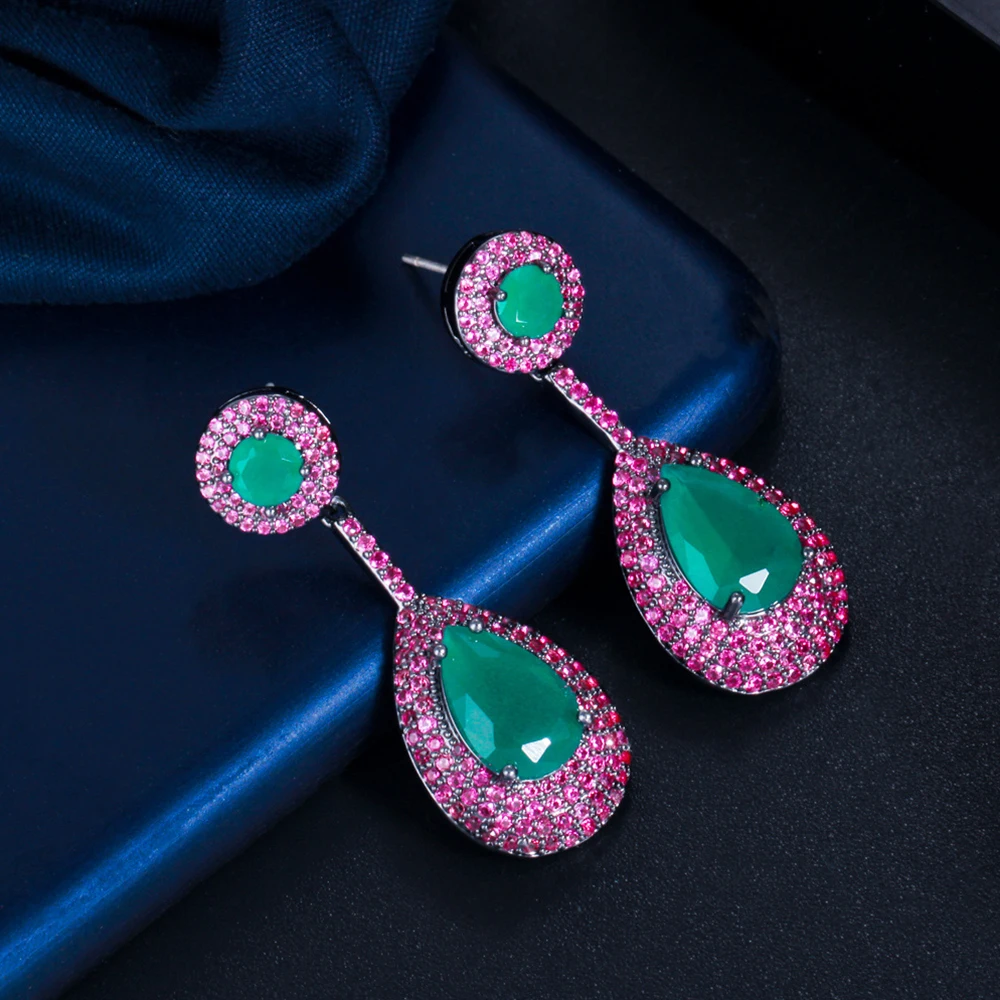 

BeaQueen Vintage Women CZ Teardrop Dangle Earrings Green Purple Cubic Zirconia Stones Fine Wedding Jewelry for Brides Gifts E587