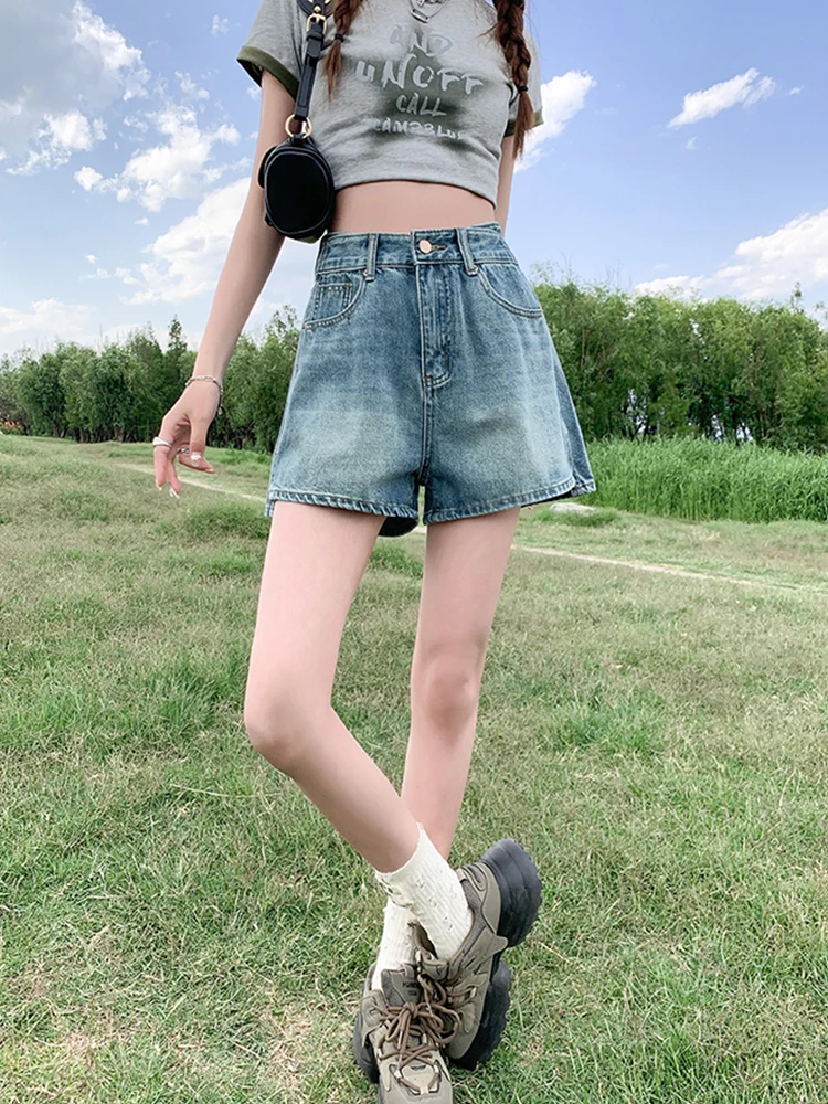 Streetwear Women Vintage Wide Leg High Waist Blue Denim Shorts Spring Summer Female Loose Retro Jeans Shorts Bottoms
