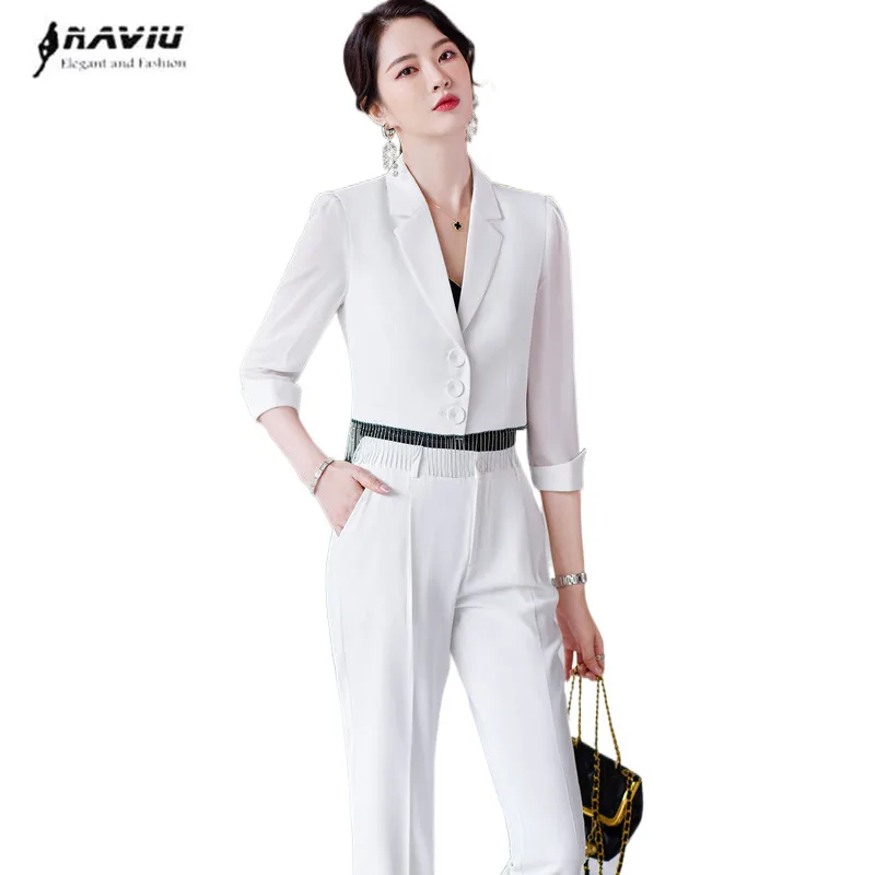 

White Suits Women Fashion Temperament Business Formal Interview High End Half Sleeve Blazer And Pants Office Ladies Work Wear