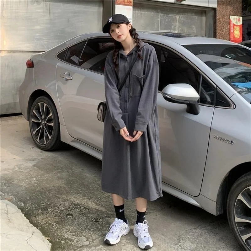 

A GIRLSHooded Dress Women Loose Oversize Korean Style Casual Long Sleeve Streetwear Drawstring Vintage Teens Girl Harajuku Solid