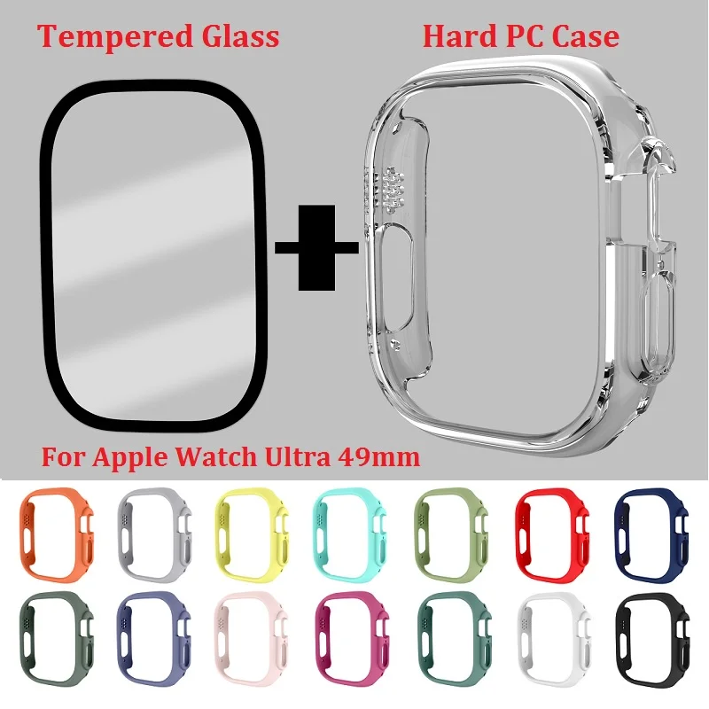 

15 Colors Micro Matte Hard Frame Case +Tempered Glass Screen Film for Apple Watch Ultra 49mm Shockproof Anti-scratch Watch Cover
