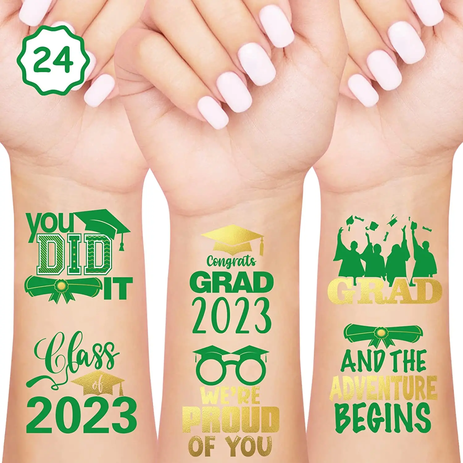 

Graduation Temporary Tattoos Green and Gold Glitter Graduation Party Favors Congrats Grad Class of 2023 Body Decorations