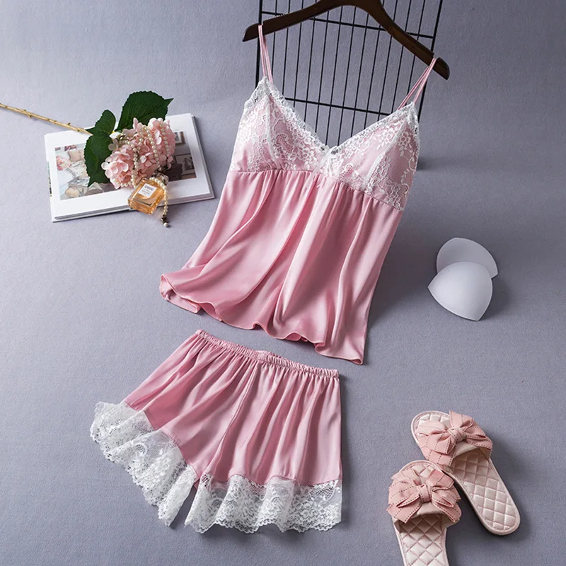 Women 2Pcs Suspenders Shorts Nightwear Pajamas Solid Color Sleepwear Sleep Suit Ice Sik Lace V Neck Home Clothes Loungewear