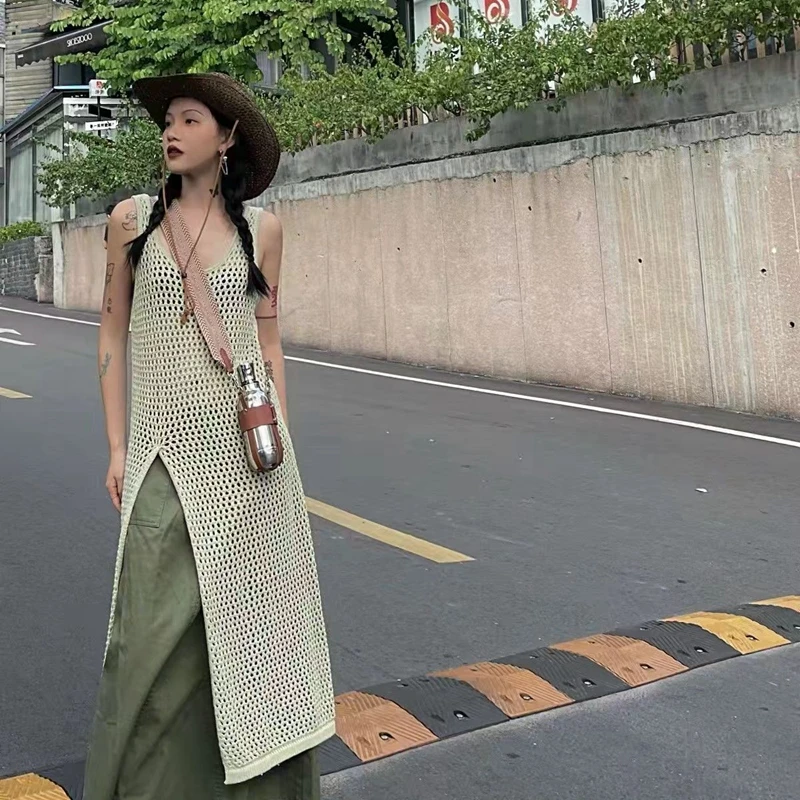 

Korean Fashion Casual Hollow Out Knit Sweater Summer Dress Women Japanese Slim Pull Long Dress Vintage Robe Femme XC077