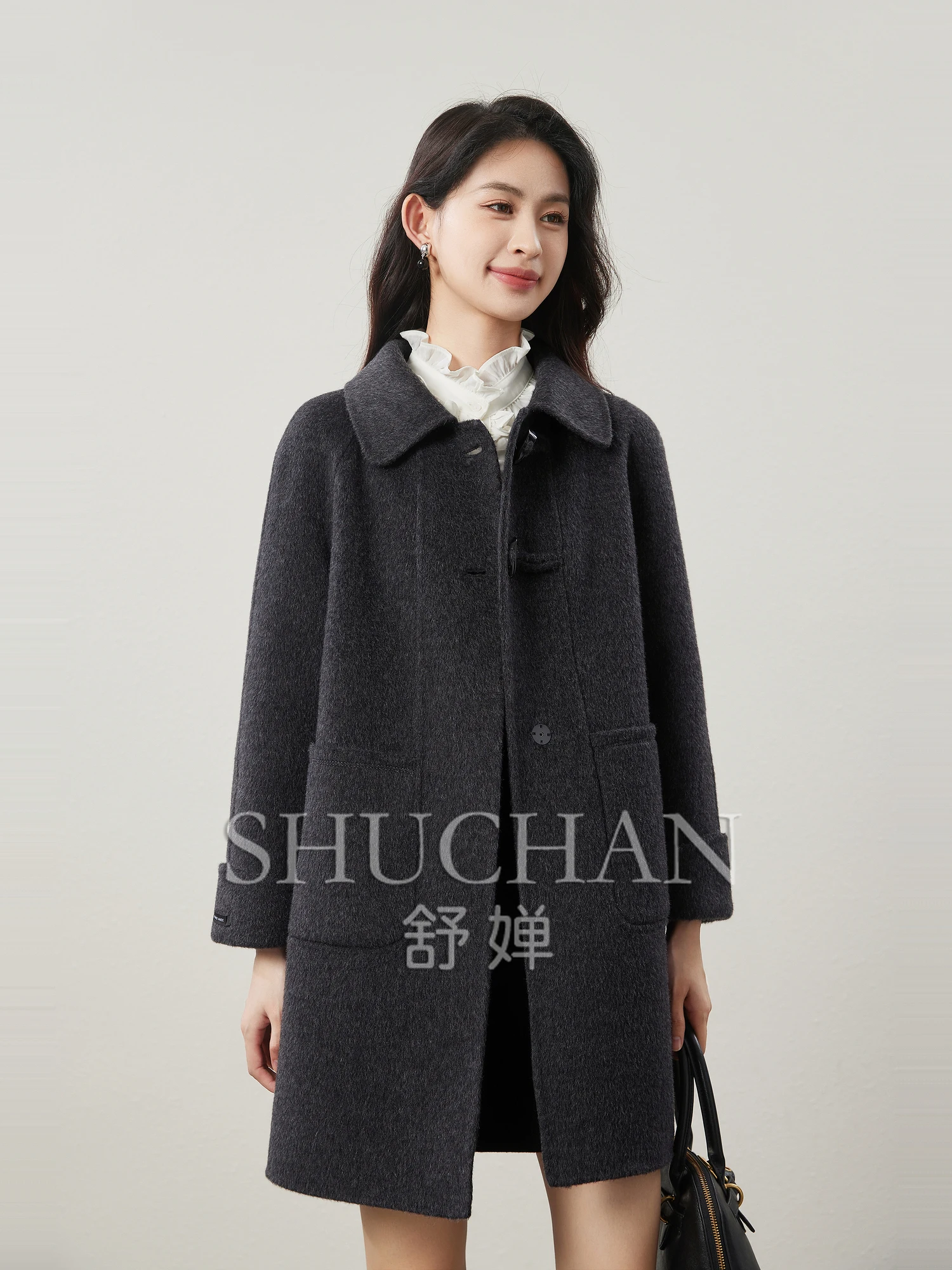 Новое шерстяное пальто из альпаки средней длины двустороннее с роговой пряжкой 24