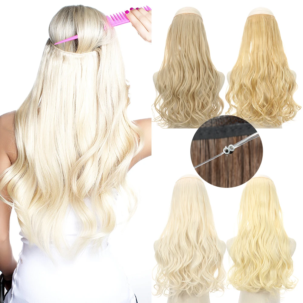 AZQUEEN Synthetic No Clip Adjustable Fish Line Hair Extensions Natural Blonde Brown Long Wavy Heat Resiatant Hairpiece For Women