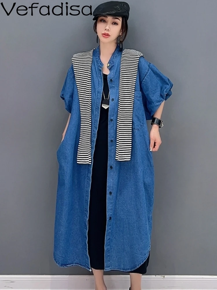 

Vefadisa2023 Summer New Denim Top Cardigan Mid Length Coat Personalized Casual Trendy Girl Blue Denim Solid Color Overcoat ZY990