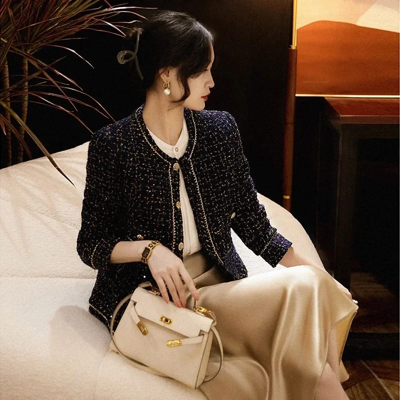 2024 осень-зима новая твидовая куртка женская высококачественная клетчатая с