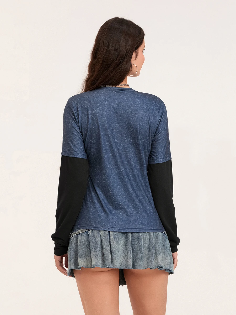 Женская футболка 2024 весна-осень винтажные лоскутные осенние топы с длинными