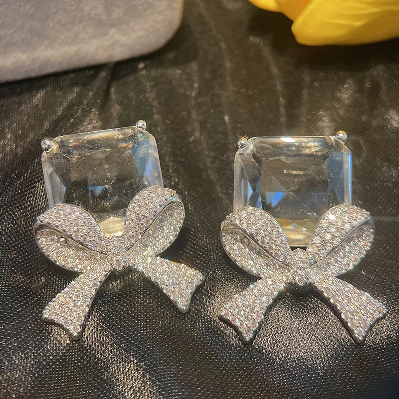 Micro Pave Cubic Zirconia Square CZ Bowknot Stud Earrings 925 Silver Needle Fashion Romantic Wedding Party Luxury Jewelry