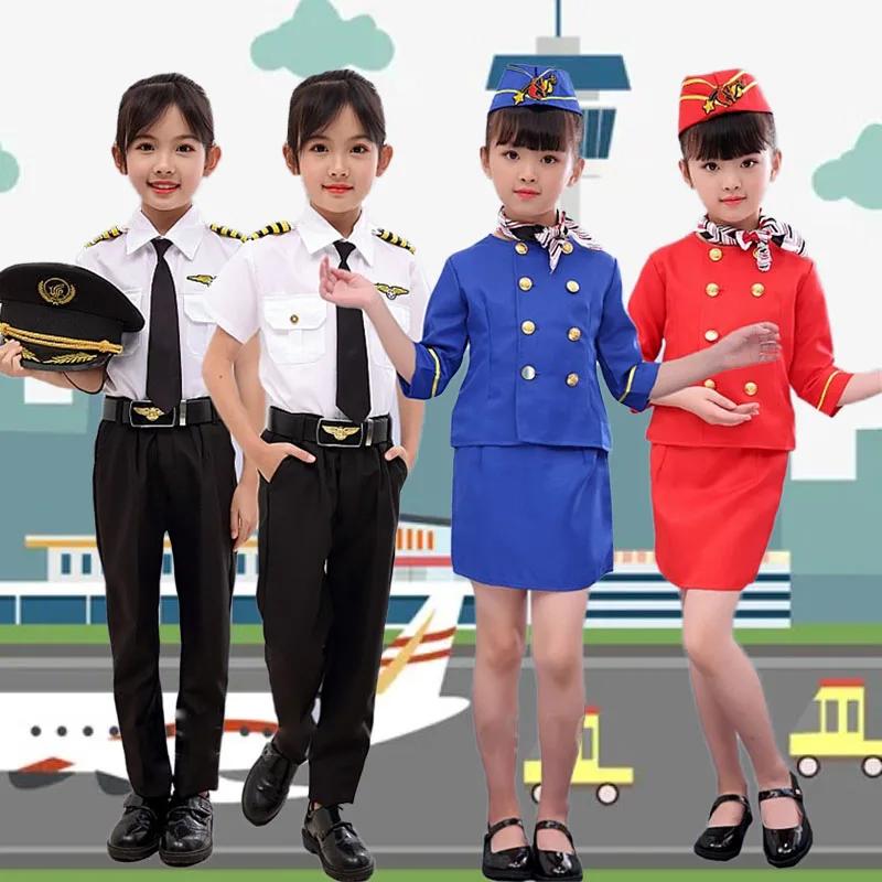 Cosplay Costume for Children Flight Attendant Boys Pilot Halloween Fancy Party Gift Stewardess Air Force Masquerade Clothing Set