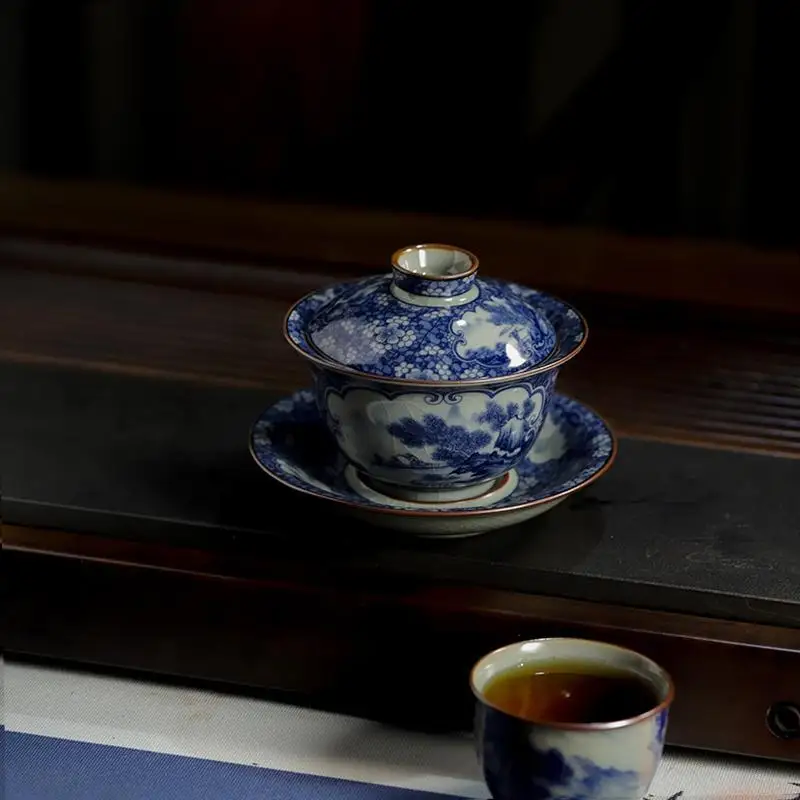 Jingdezhen Firewood Kiln Blue and White Porcelain Gaiwan Suit Cover Bowl Set Not Scald Single Brewing