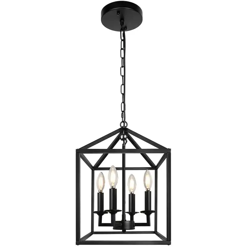 

4-Light Black Farmhouse Chandelier Light, Fixture Rustic Lantern Pendant Light Industrial Cage Hanging Lights for Kitchen Island