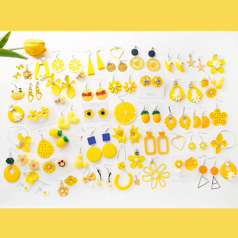 

Yellow Comes Summer Beach Sweet Lemon Yellow Earrings Collection Hyuna Style Cute Flower Stud Earrings Korean Simple Versatile