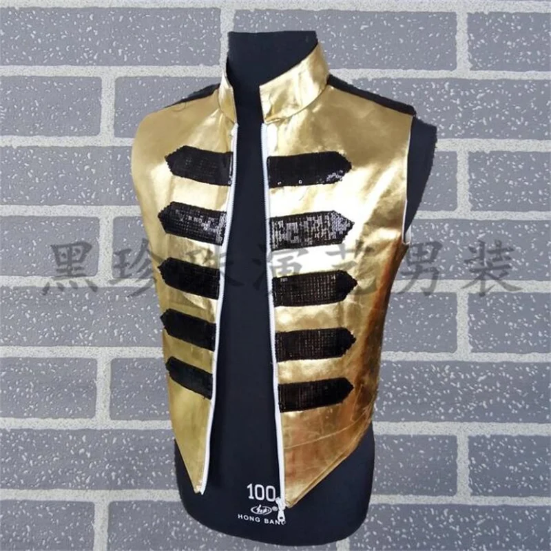 Stand collar personality slim male sleeveless vest men punk rock costumes hombre singer dance stage fashion personalized gold