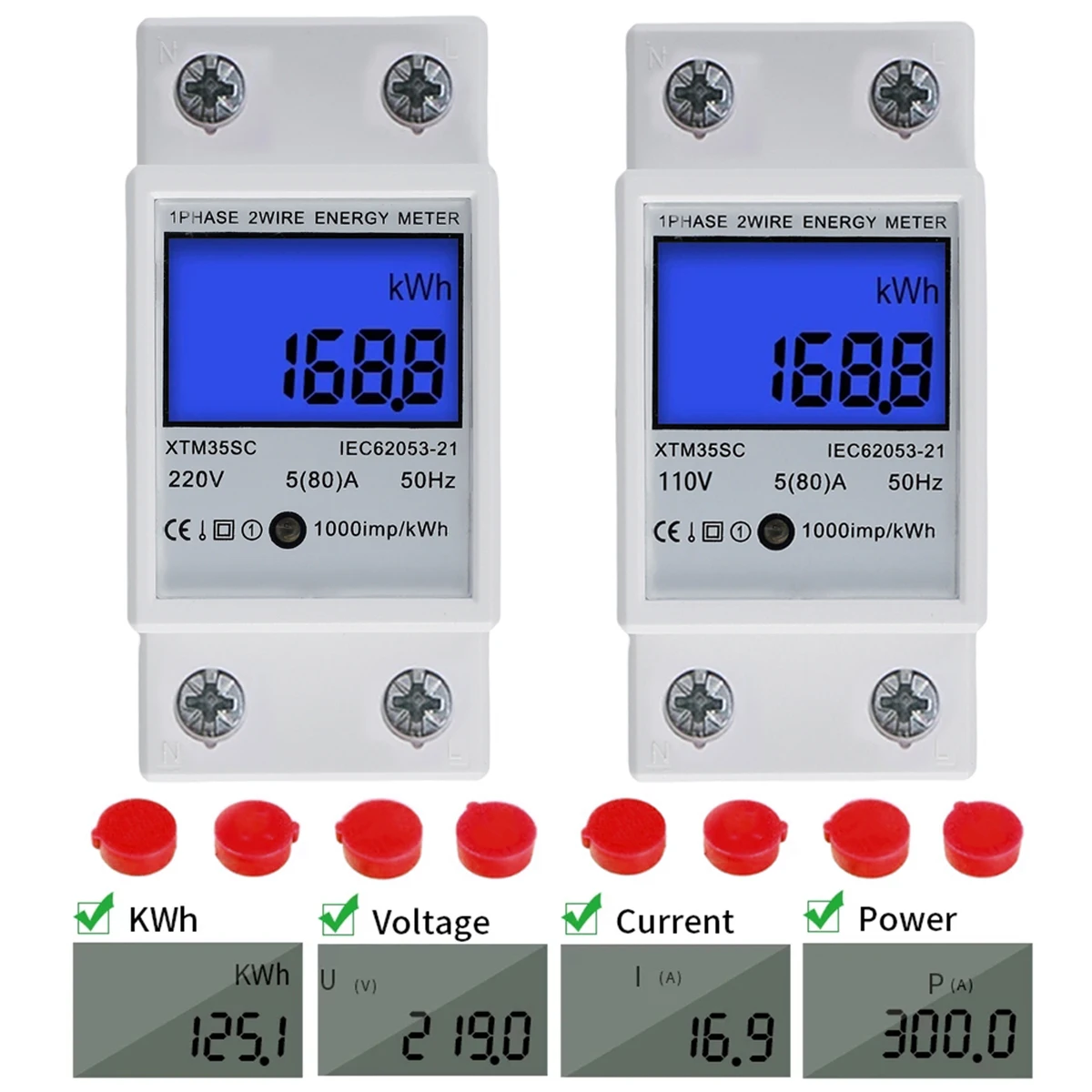 

Digital Energy Meter Single Phase Energy Meter Electricity Usage Monitor 220V AC 2P LCD Display Single Phase DIN-rail KWH Meter