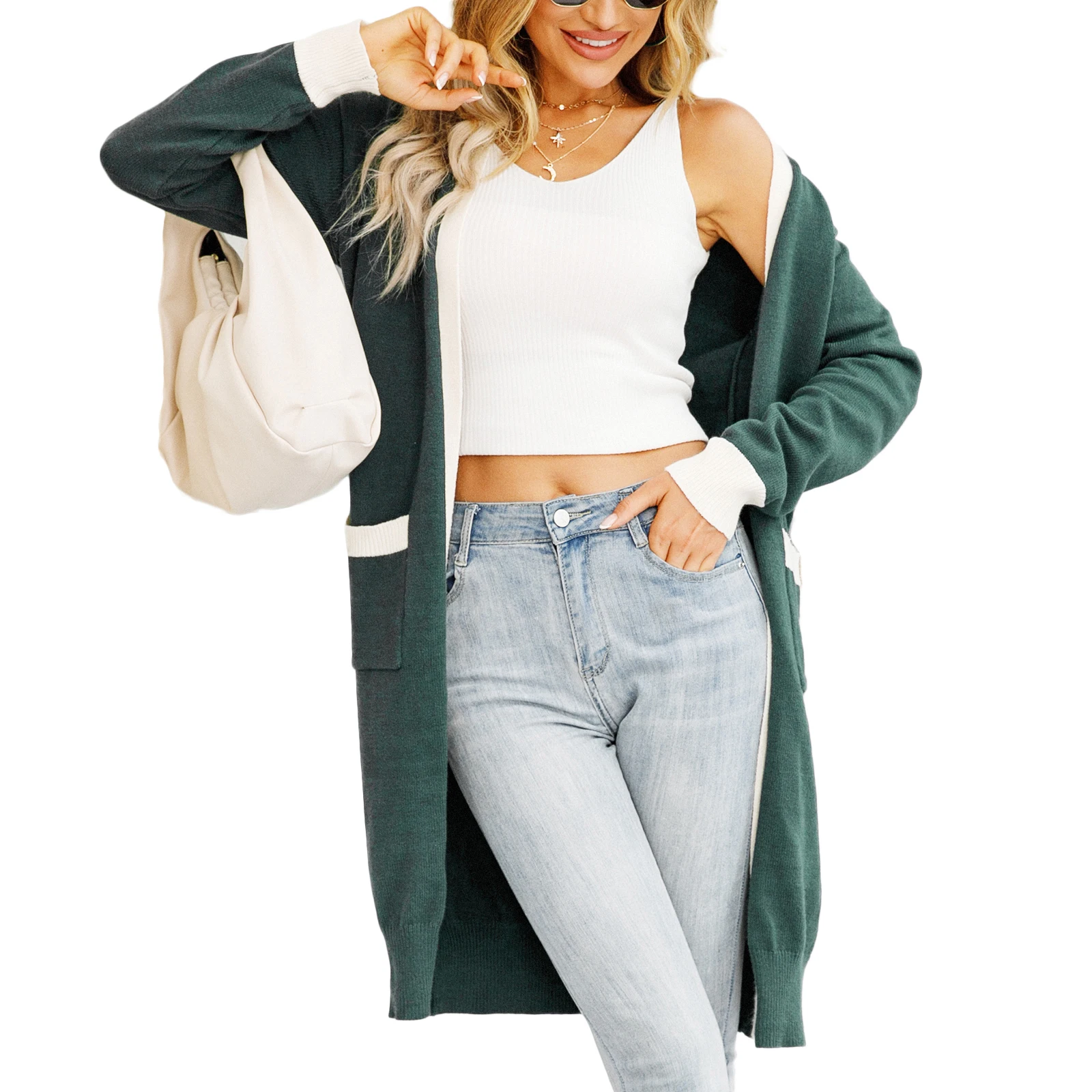 

Women Knitted Cardigan, Color Contrast Long Sleeve Midi Length Slim Coat, Ladies Fall/Winter Open-Front Knitwear Outerwear