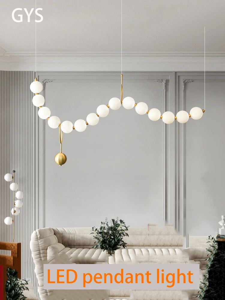 

GYS Led Chandelier Long Pendant Lamp Copper Light Luxury Nordic Modern Hanging Lighting Pearl Light For Living Room Hall