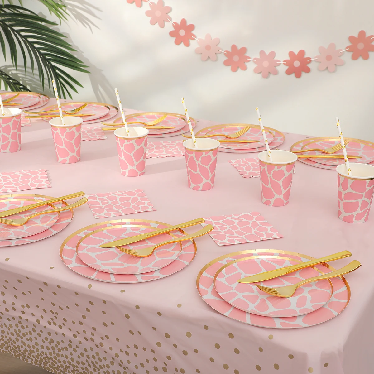 Набор одноразовой посуды с розовым леопардом для дня рождения и вечера бумажный