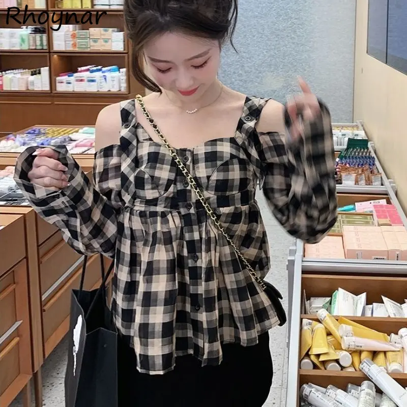 

Off-shoulder Shirts Women Sexy Slim New Spring Ulzzang Lady Sweet Vintage Classic Plaid Cropped Leisure Korean Fashion Clothing