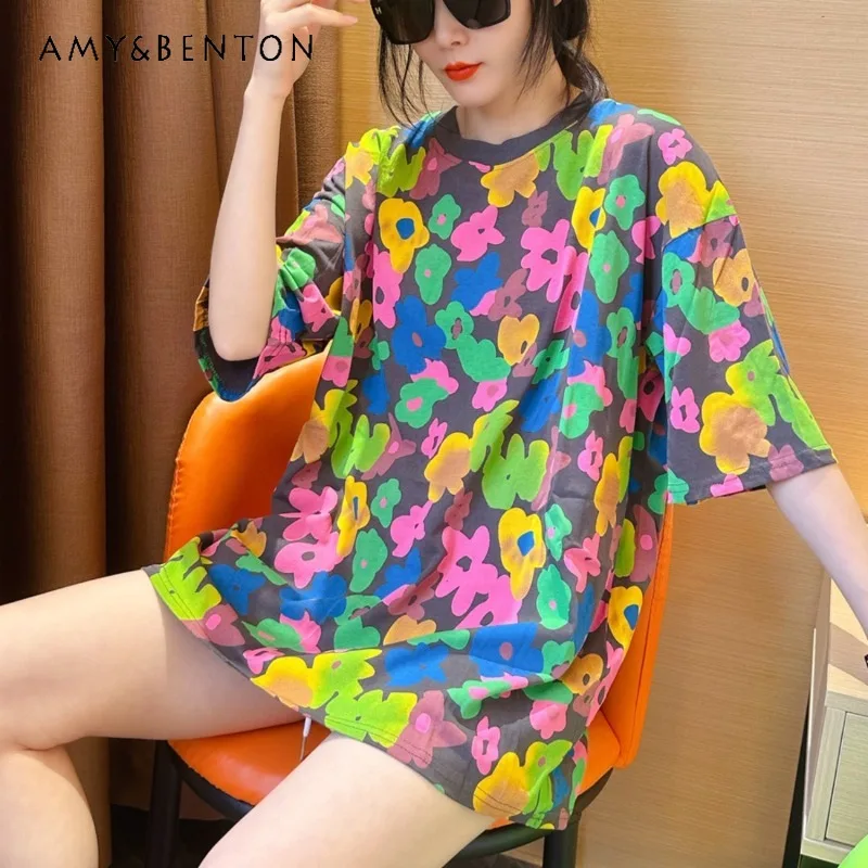 Летние универсальные модные топы, свободная модная футболка средней ...