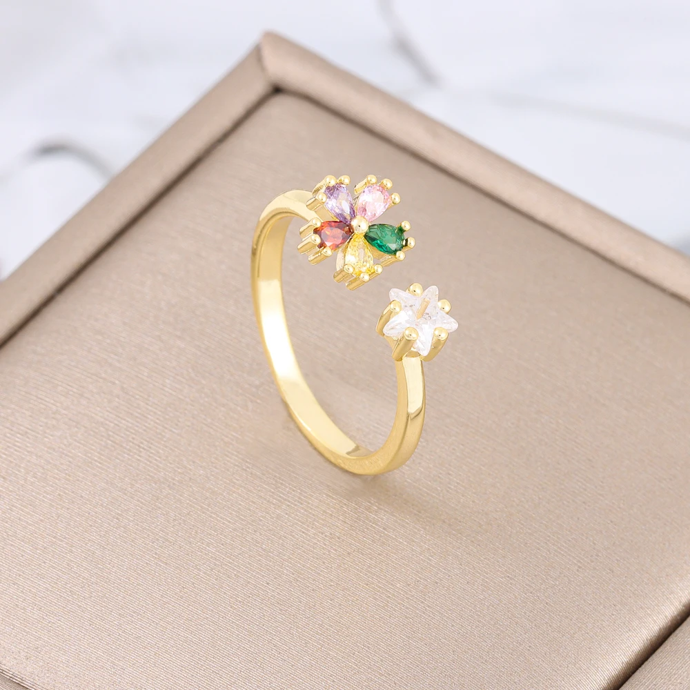 

New In Retro Bohemia Colorful Zircon Crystal Flower Open Rings For Women Trendy Female Stainless Steel Adjustable Finger Ring