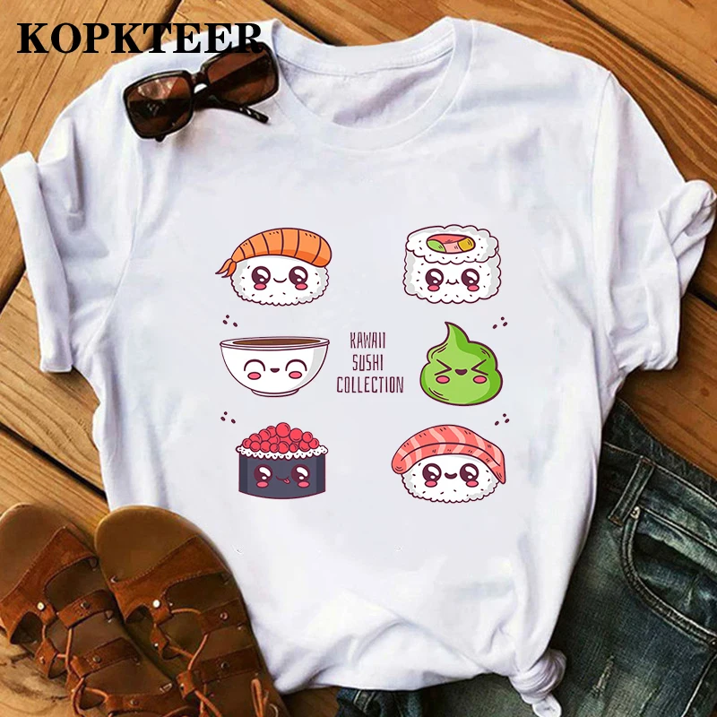 Summer 2022 New Lovely Sushi Print Ladies T-shirt Ladies Casual Basis O-collar White Japan style Short Sleeve Ladies T-shirt