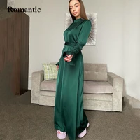 romantic green satin slik modest evening dress full sleeves o neck tight waist saudi arabia long prom dress vestido de festa