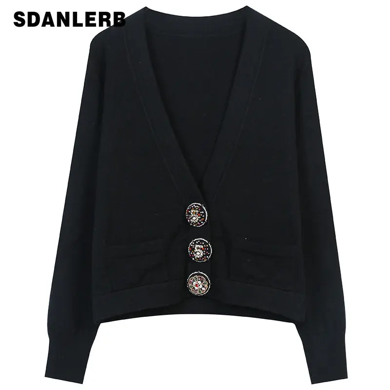 

Autumn Winter Knitted Cardigan New Solid Color Beading Diamond Single Row Button Elegant Socialite V-neck Loose Knitted Coat