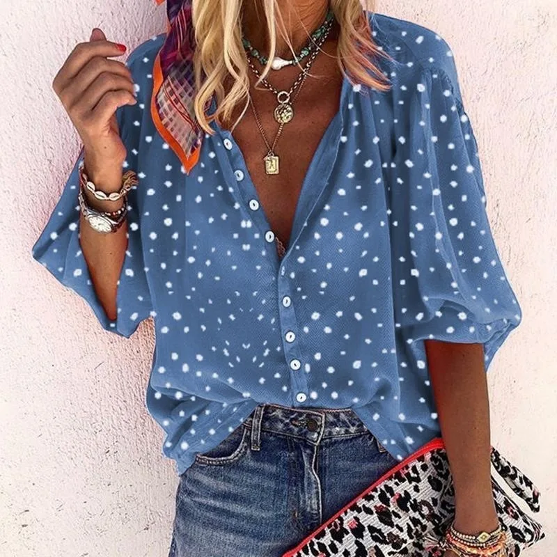 Women Polka Dot Blouse Ladies Chic V-Neck Tops Button Shirts Loose Holiday T-Shirt Plus Size 5XL