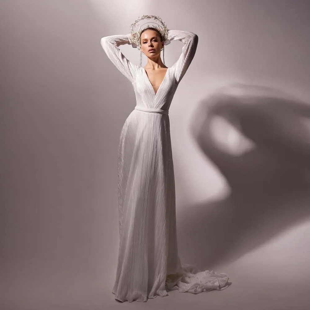 

Modern Wedding Dresses Sexy V-Neck Backless Zipper 2022 Pleat Bridal Gown Long Sleeve Button A-Line Bride Dress For Women Custom