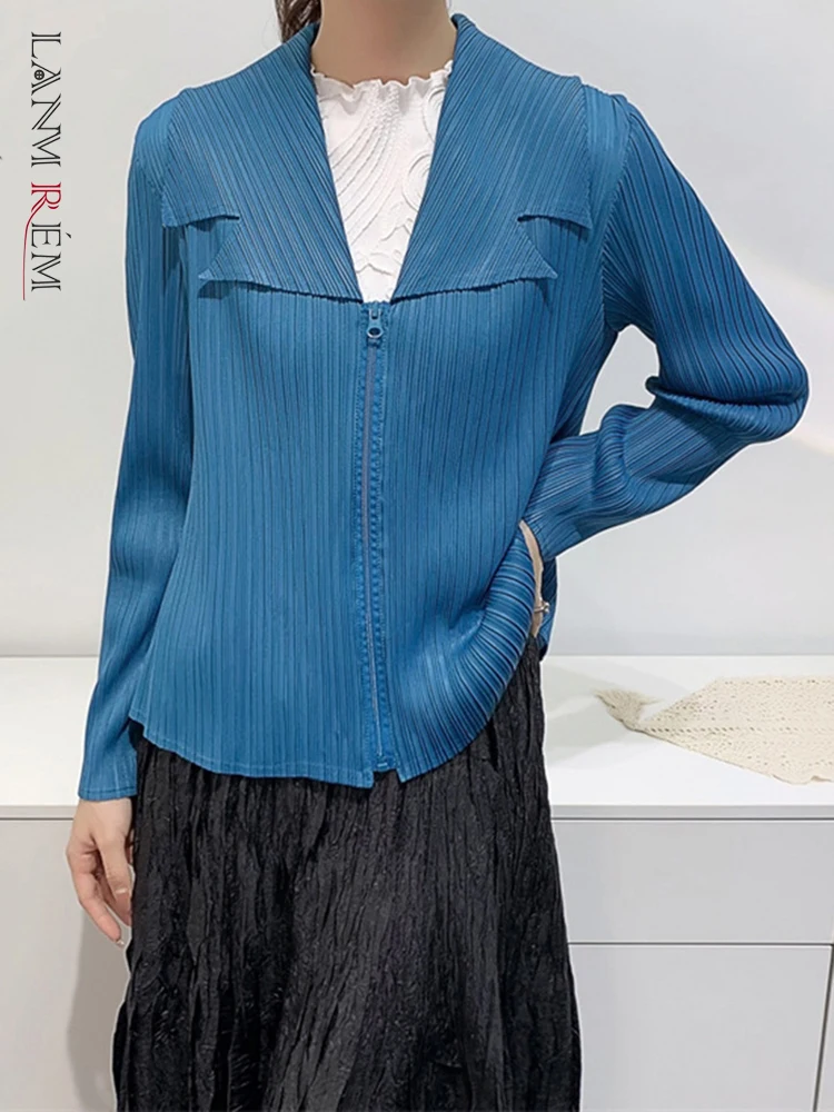 

LANMREM Zipper Pleated Shirt For Women Turn Down Collar Long Sleeves Solid Color Chic Top Female New Clothes 2023 New 32A420