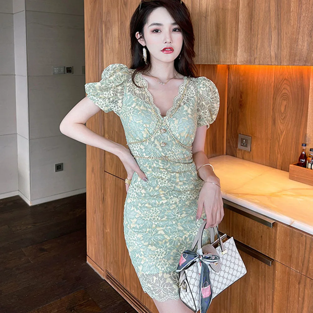 

Summer Lace Bodycon Women's Dresses Light Green Puff Sleeve Sweet Fashion Mini Dresses Elegant Party Date 2022 Sexy Female Dress