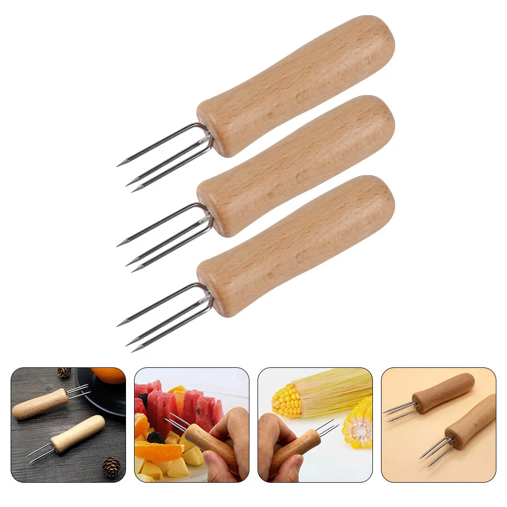 

3pcs Wood Handle Forks Candy Forks Durable corn forks Stainless Steel Corn Forks for Picnic Party Home