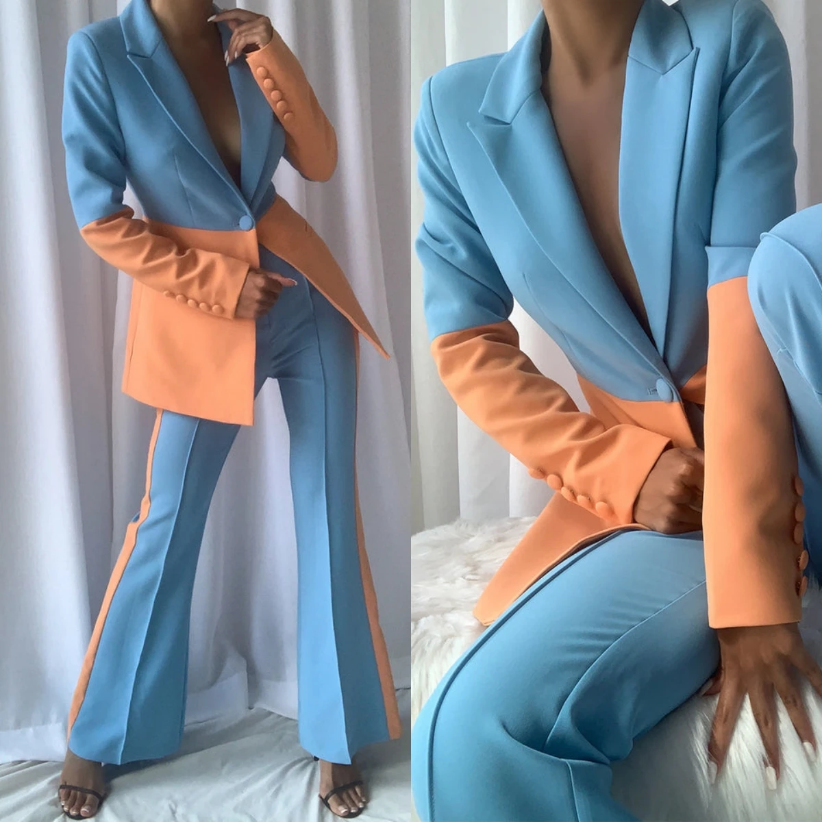 

Formal Tuxedo For Wedding Party Chic 2 Pieces Women Suit Set Blazer Pants Set Contrast Color Stitching Modern Performance Outfit
