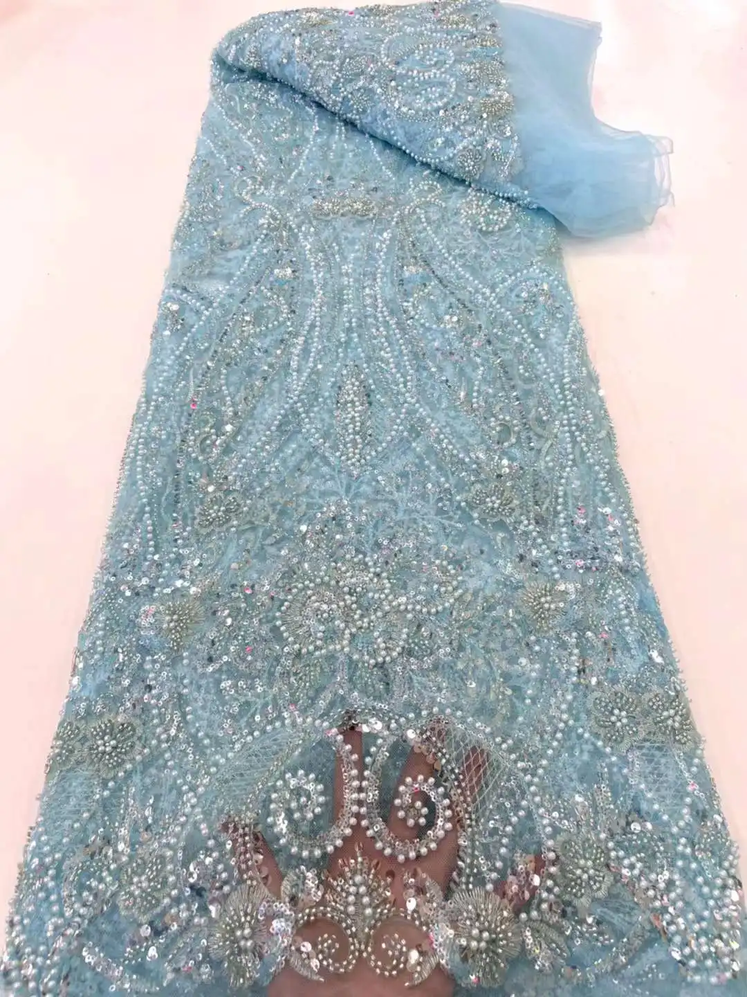 Nigerian French Sequins Lace Fabric Hot Sale Handmade 2022 Embroidered African Beaded Net Mesh Lace Fabric For Women Dress 4 Nigerian French Sequins Lace Fabric Hot Sale Handmade 2022 Embroidered African Beaded Net Mesh Lace Fabric For Women Dress 4