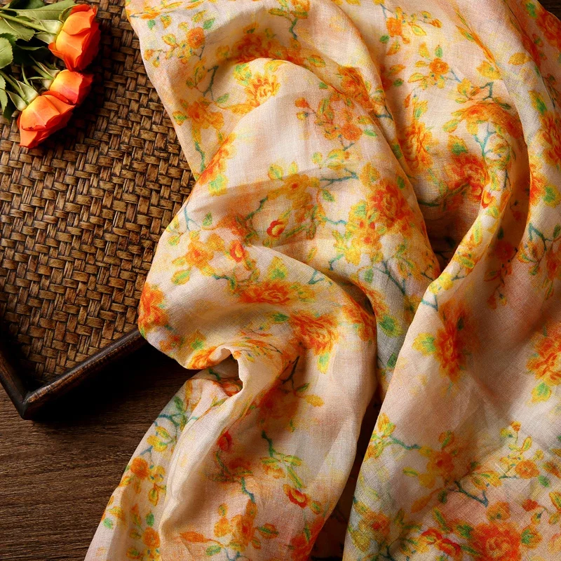 

Fabric Wide 140cmx50cm Ramie Yellow Flower Printing Dyeing Yarn-Dyed Retro Lightweight Breathable DIY Robe Summer Shirt Clothing