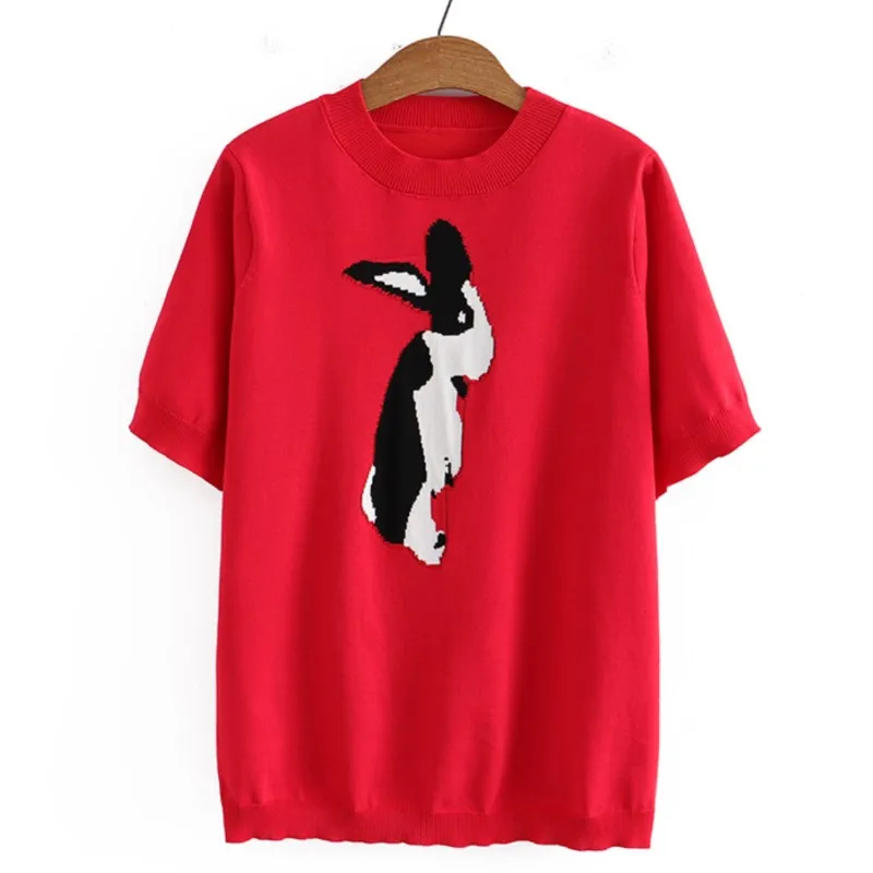 

Plus Size Basic T-Shirt Women 2023 Summer Rabbit Jacquard Ice Silk Knit O-Neck Tees Short Sleeve Tops Oversized Curve Clothes