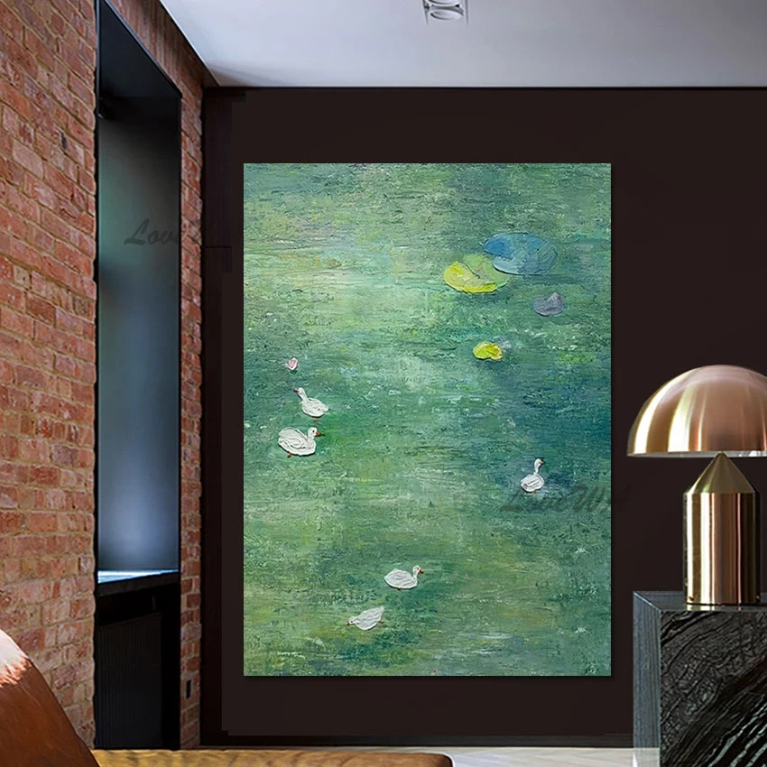 Лист лотоса пруд природный пейзаж настенная картина зеленая акриловая текстура