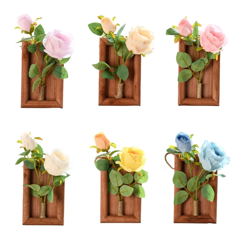 

Wooden Photo Frames Artificial Flowers Fake Rose Wall Art Indoor Outdoor Decor Garden Front Door Wall Hanging Flower Bonsai